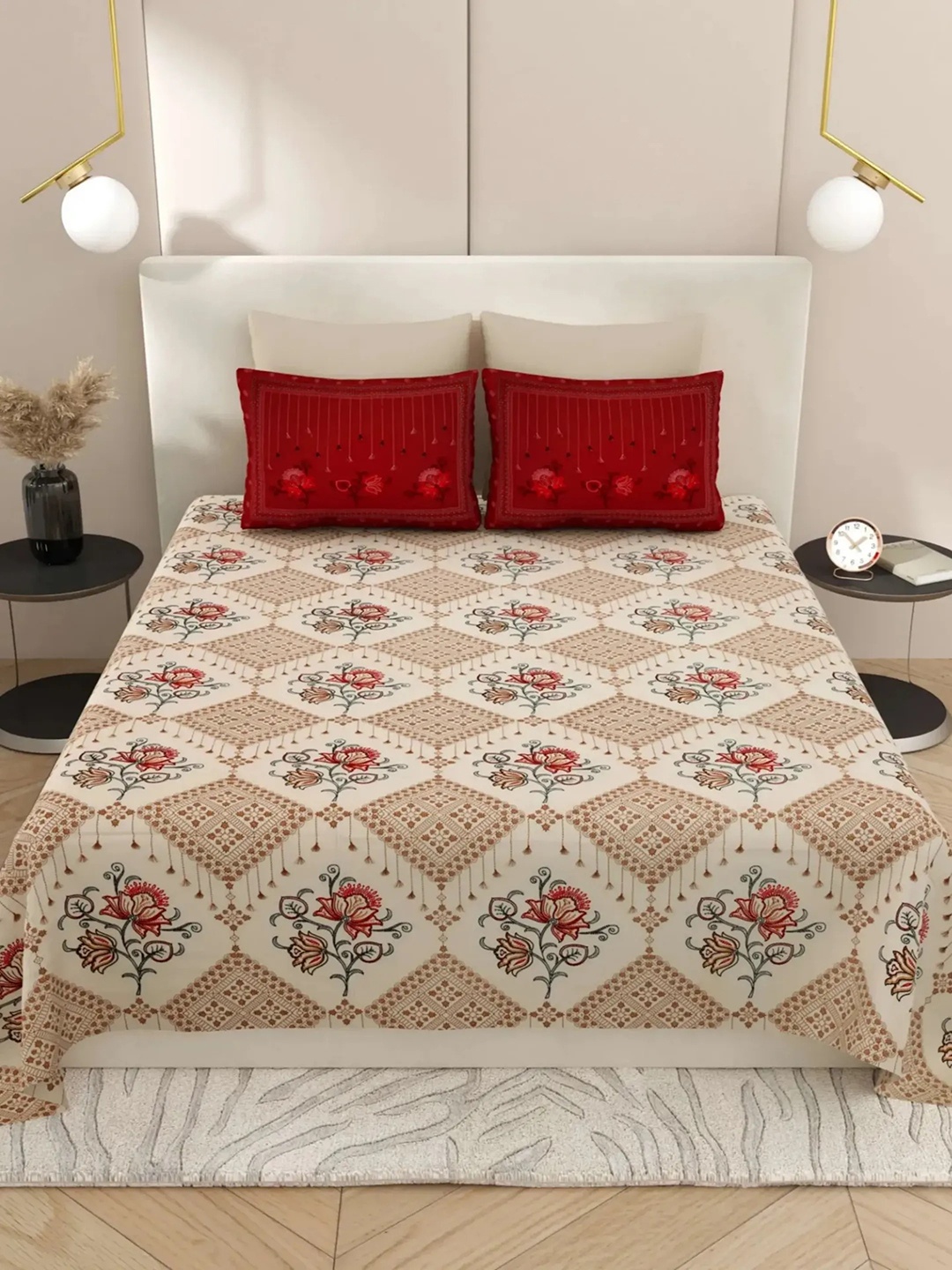 

LIVING ROOTS Super King Size Jaipur Block Print Cotton Double Bedsheet & 2 Pillow Covers, Beige