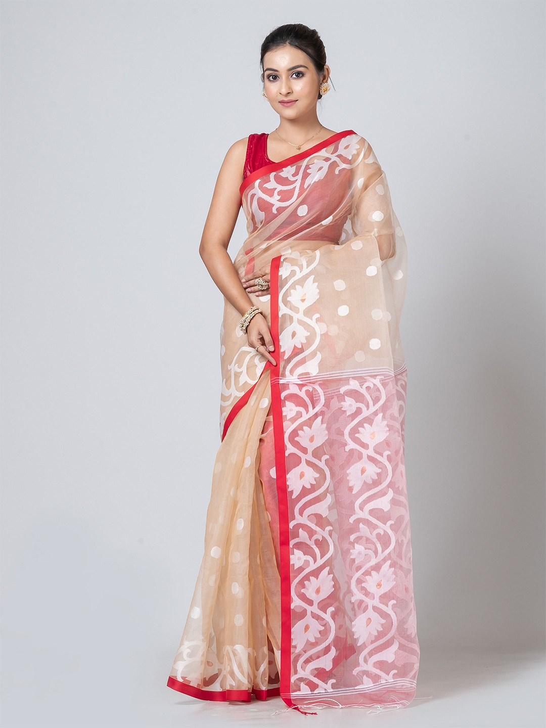 

PUKU Ethnic Motifs Woven Design Jamdani Heavy Work Saree, Off white