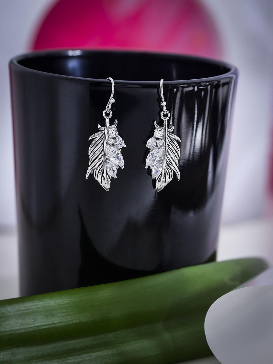 

DIAVO Women Rhodium Plated Silver Toned Leaf Shape Drop Earrings