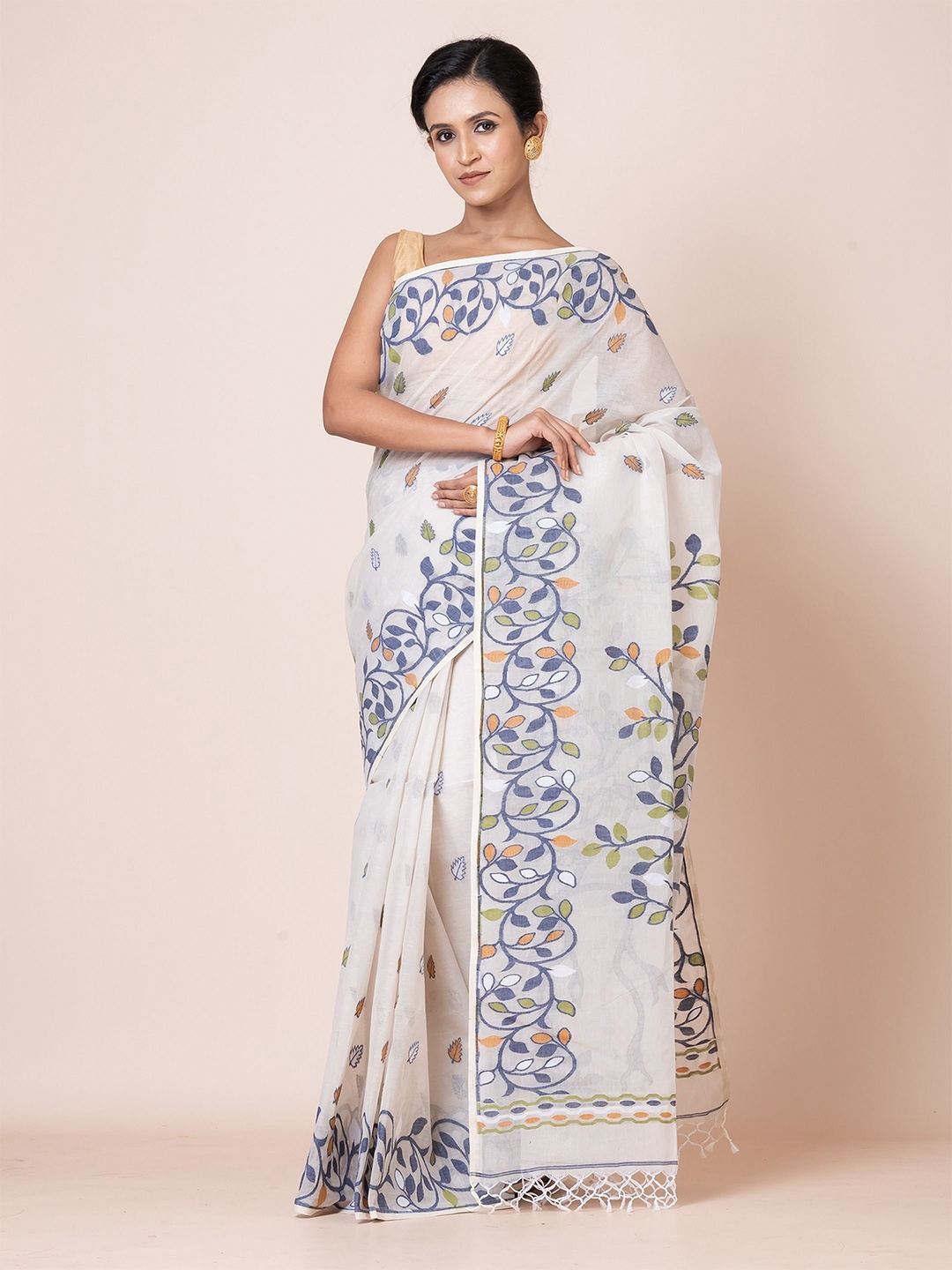 

PUKU Ethnic Motifs Woven Design Pure Cotton Saree, Off white
