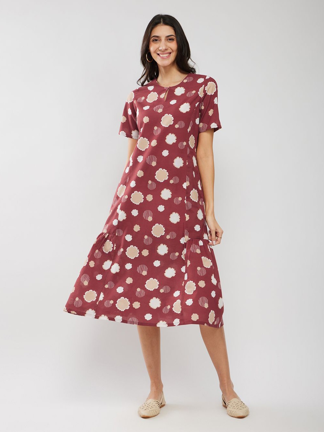 

Pink Fort Floral Print Cold-Shoulder Fit & Flare Midi Dress, Rust