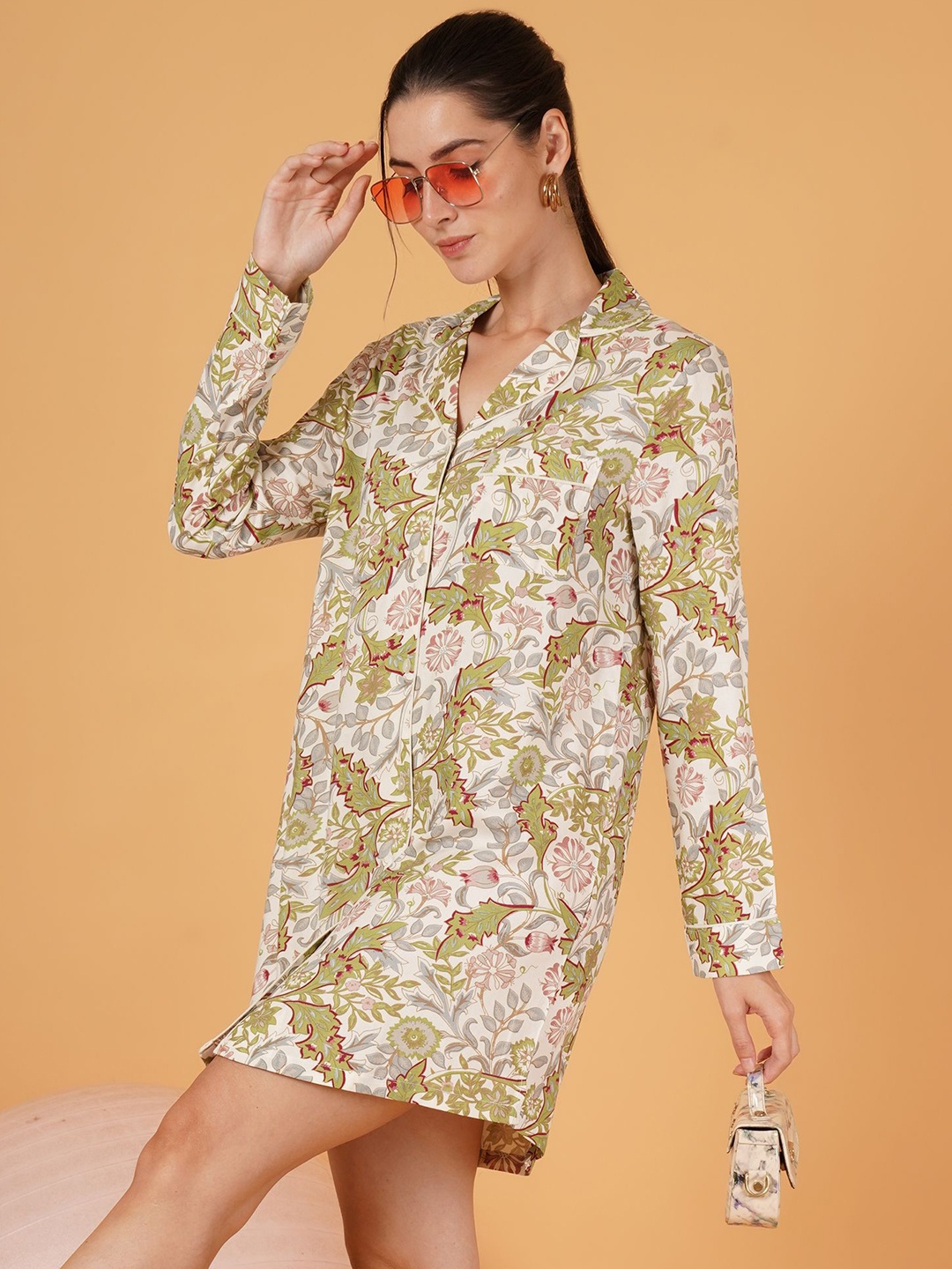 

IX IMPRESSION Floral Print Puff Sleeve Shirt Dress, Green