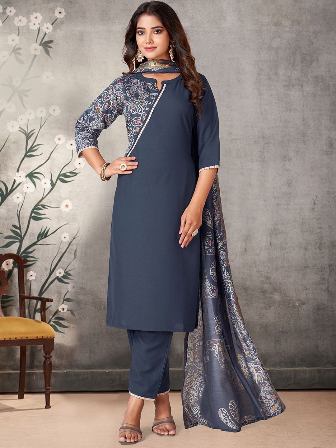 

KALINI Women Ethnic Motifs Printed Regular Kurta with Trousers & With Dupatta, Grey