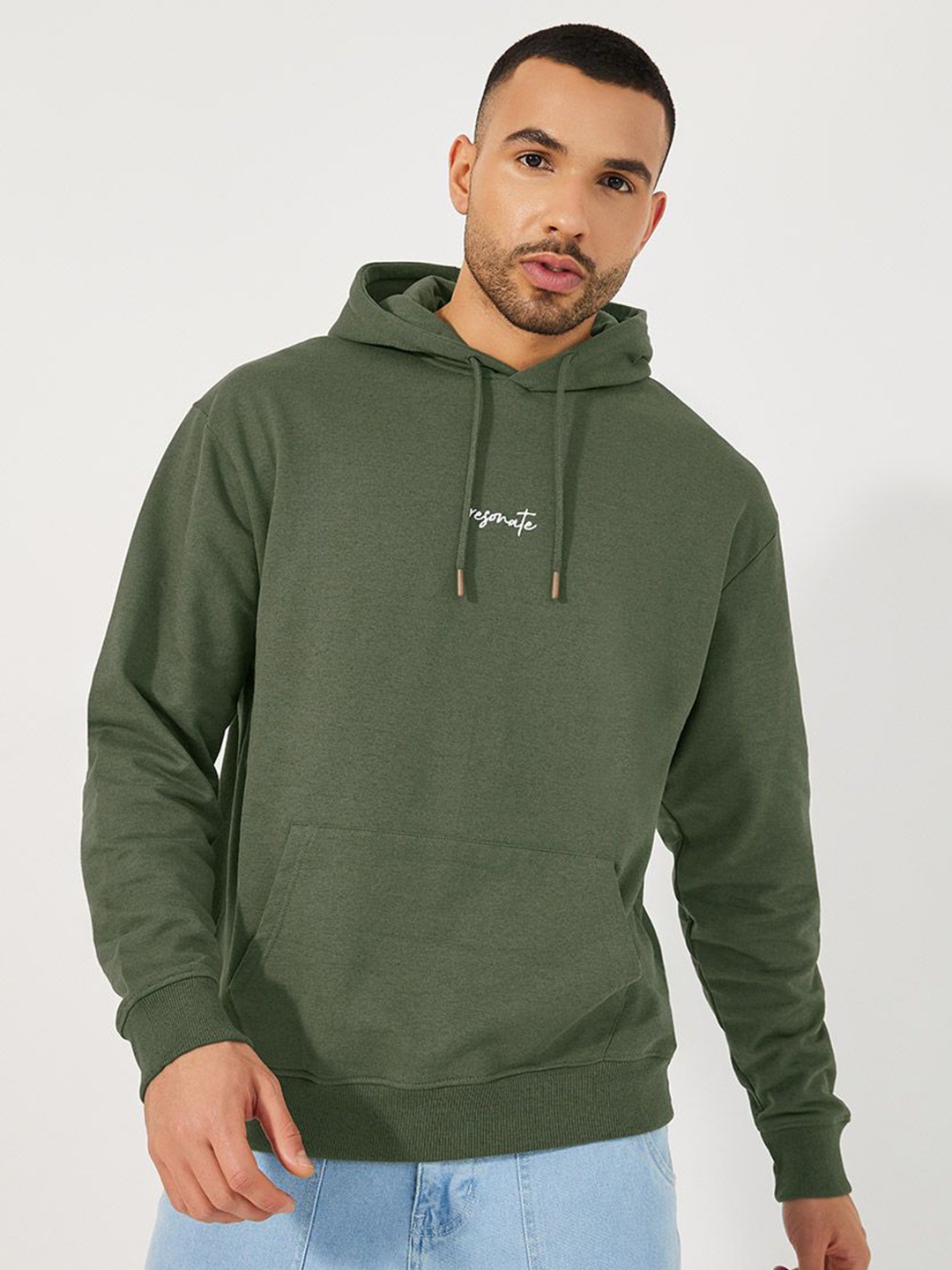 

Styli Embroidered Hooded Relaxed Fit Pullover Sweatshirt, Olive