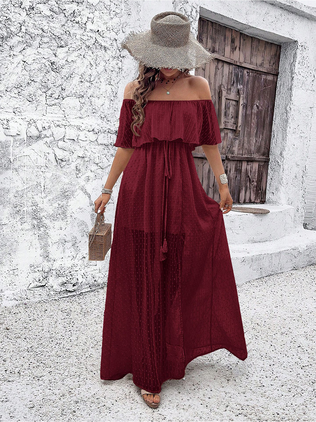 

StyleCast x Revolte Women Off-Shoulder A-Line Maxi Dress, Maroon
