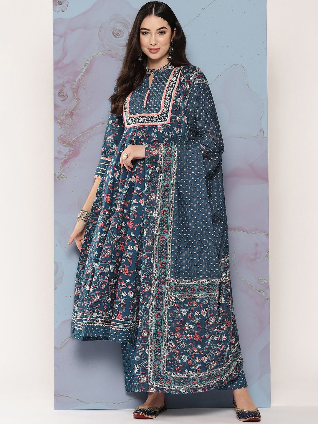 

EthniFlair Women Ethnic Motifs Embroidered Empire Aari Work Pure Cotton Kurta with Pyjamas & With Dupatta, Blue