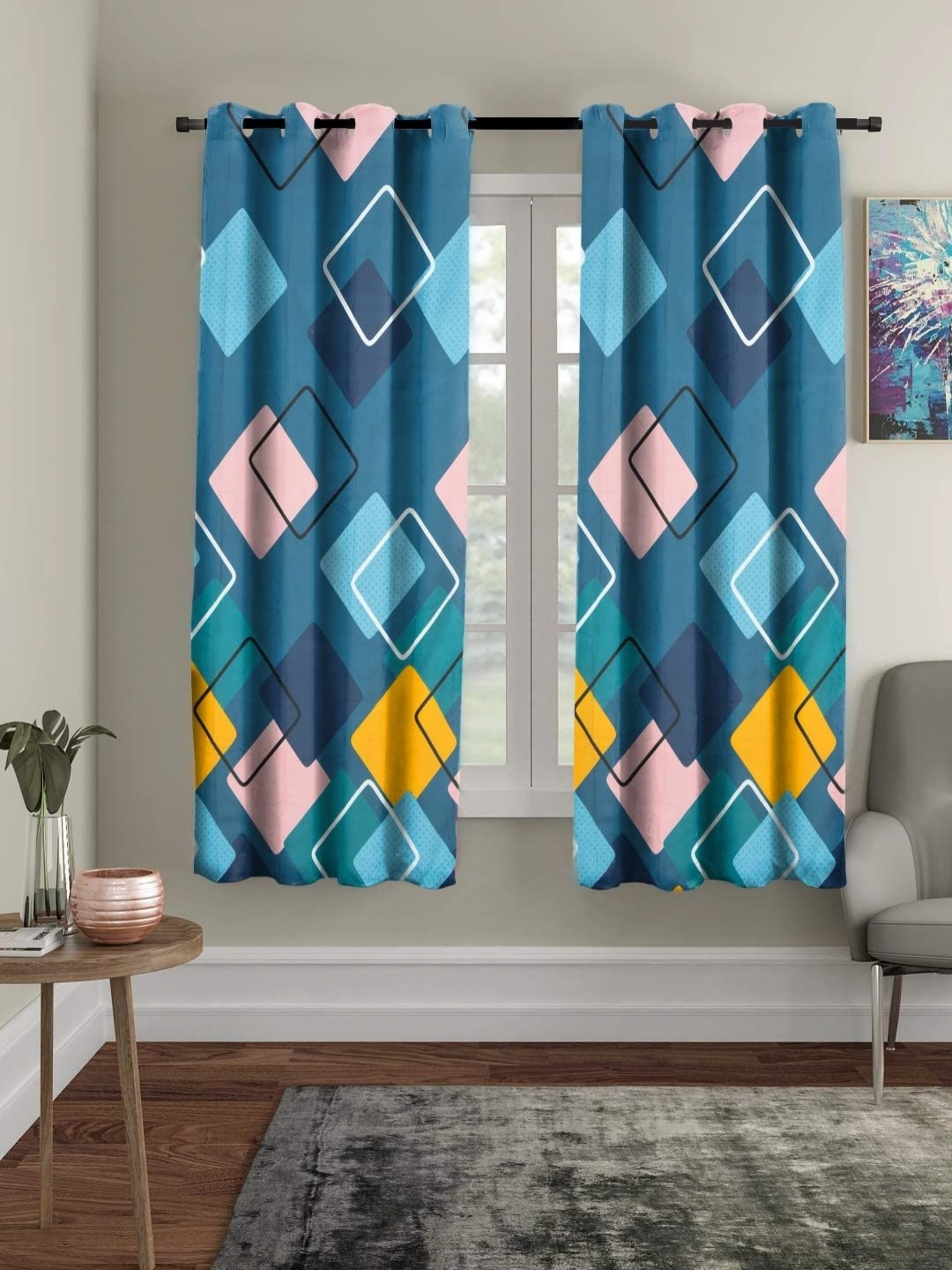 

Myntra Elegant Homes Teal & Yellow Set of 2 Geometric Window Curtains