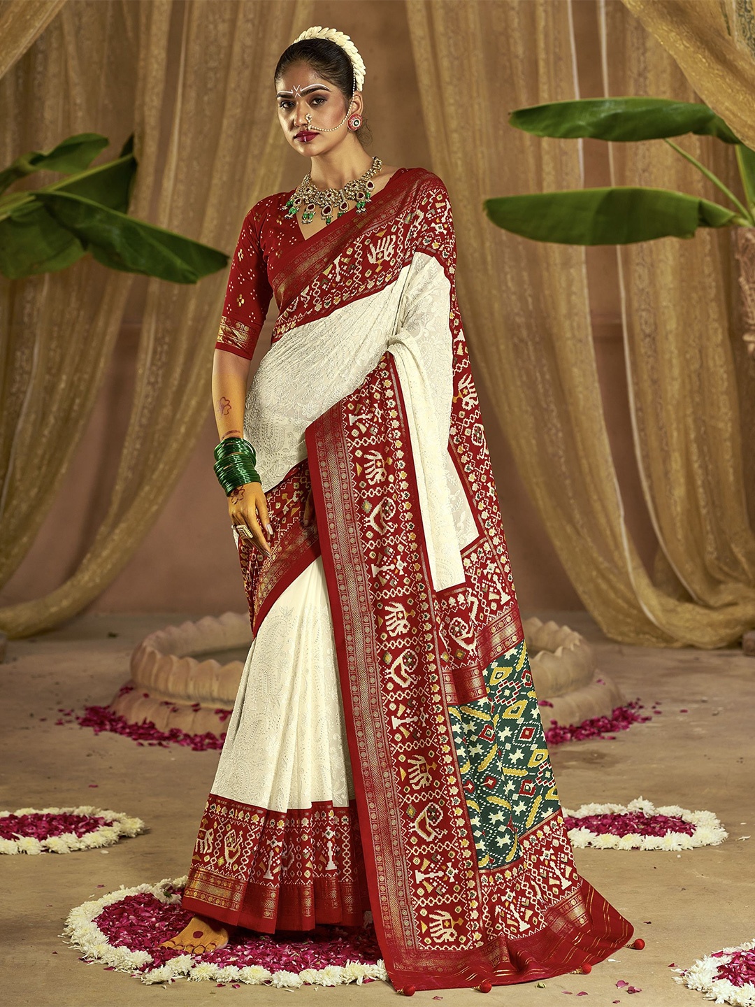 

Jinal & Jinal Ethnic Motifs Chikankari Pure Georgette Patola Saree, Cream