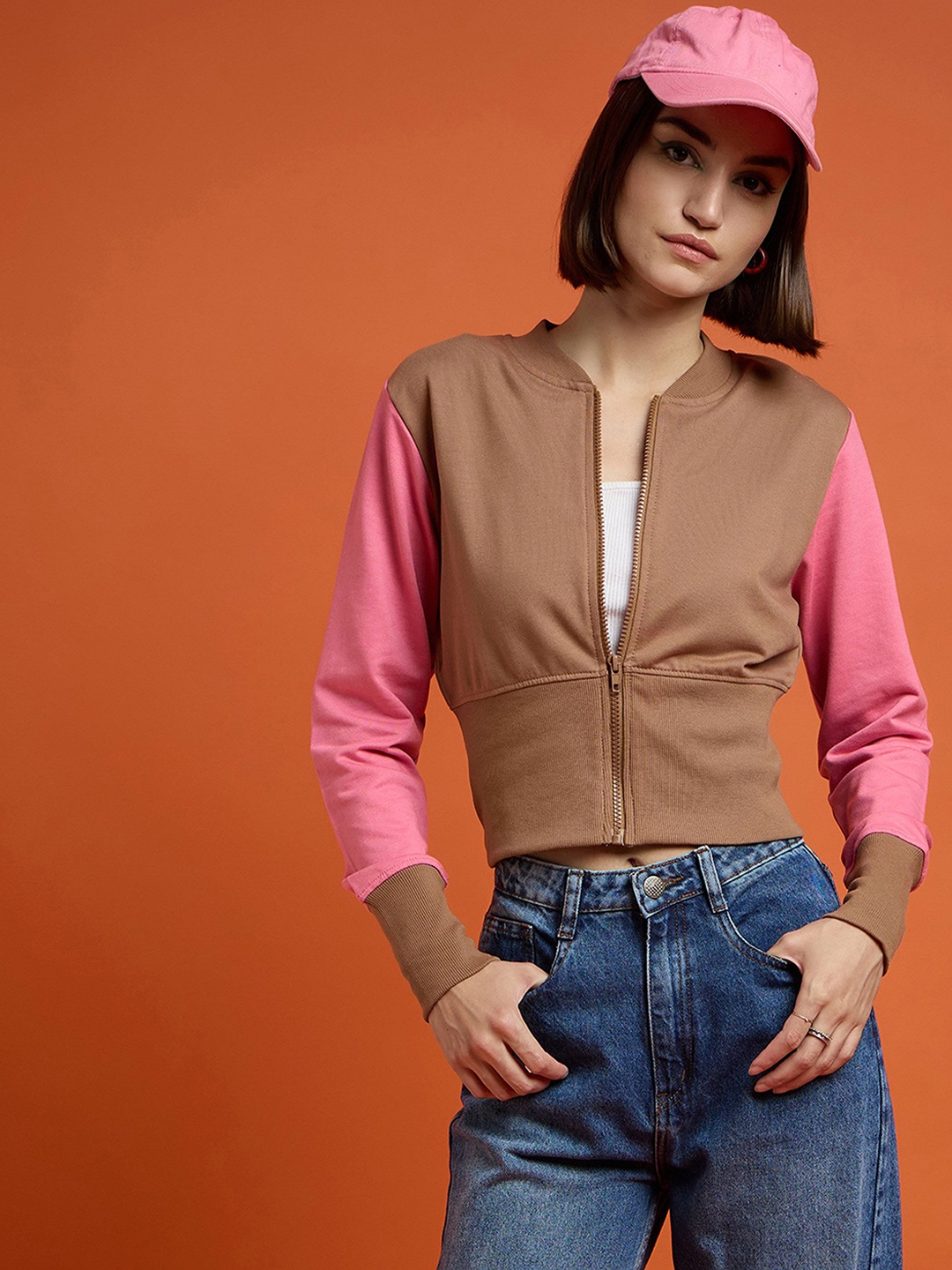 

SASSAFRAS Women Typography Crop Sporty Jacket with Embroidered, Brown