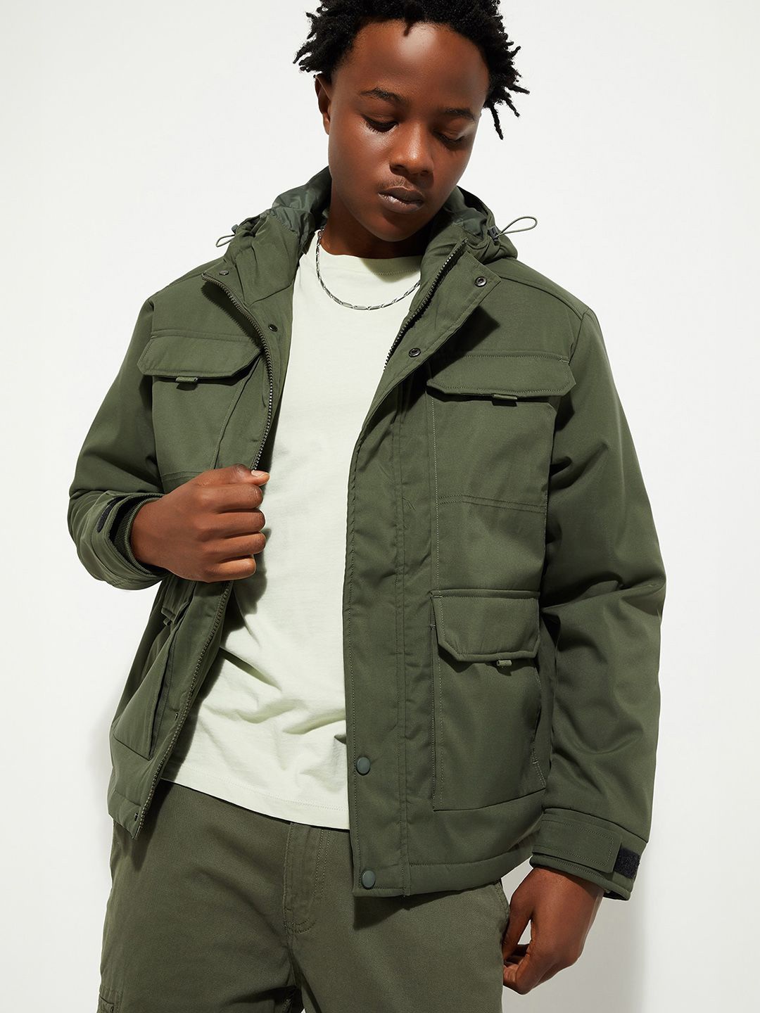 

MAX URB_N Men Solid Hooded Utility Jacket, Green