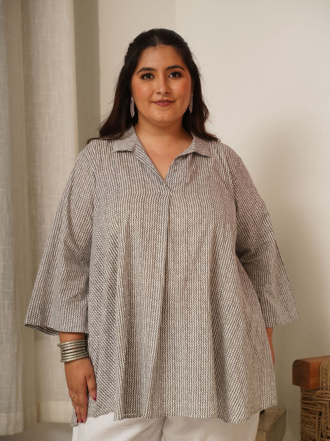 

NANGALIA RUCHIRA Women Printed Cotton Shirt Style Top, Grey