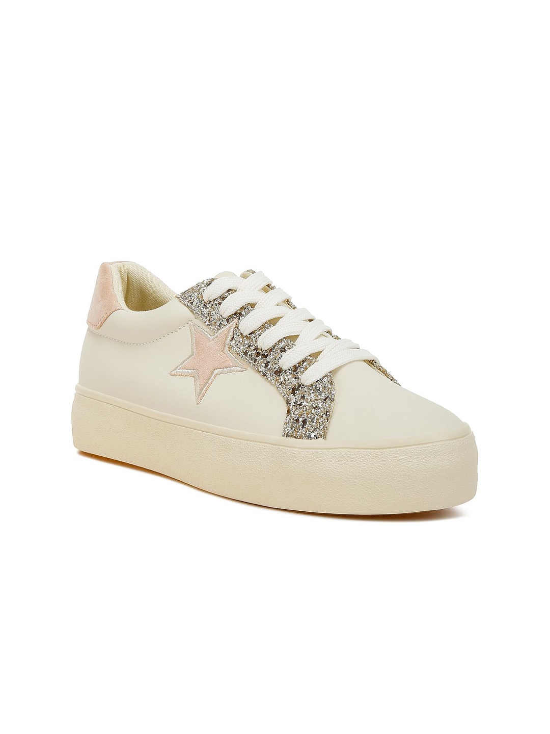 

London Rag Women Leather Lace-Ups Glitter Sneakers, Beige