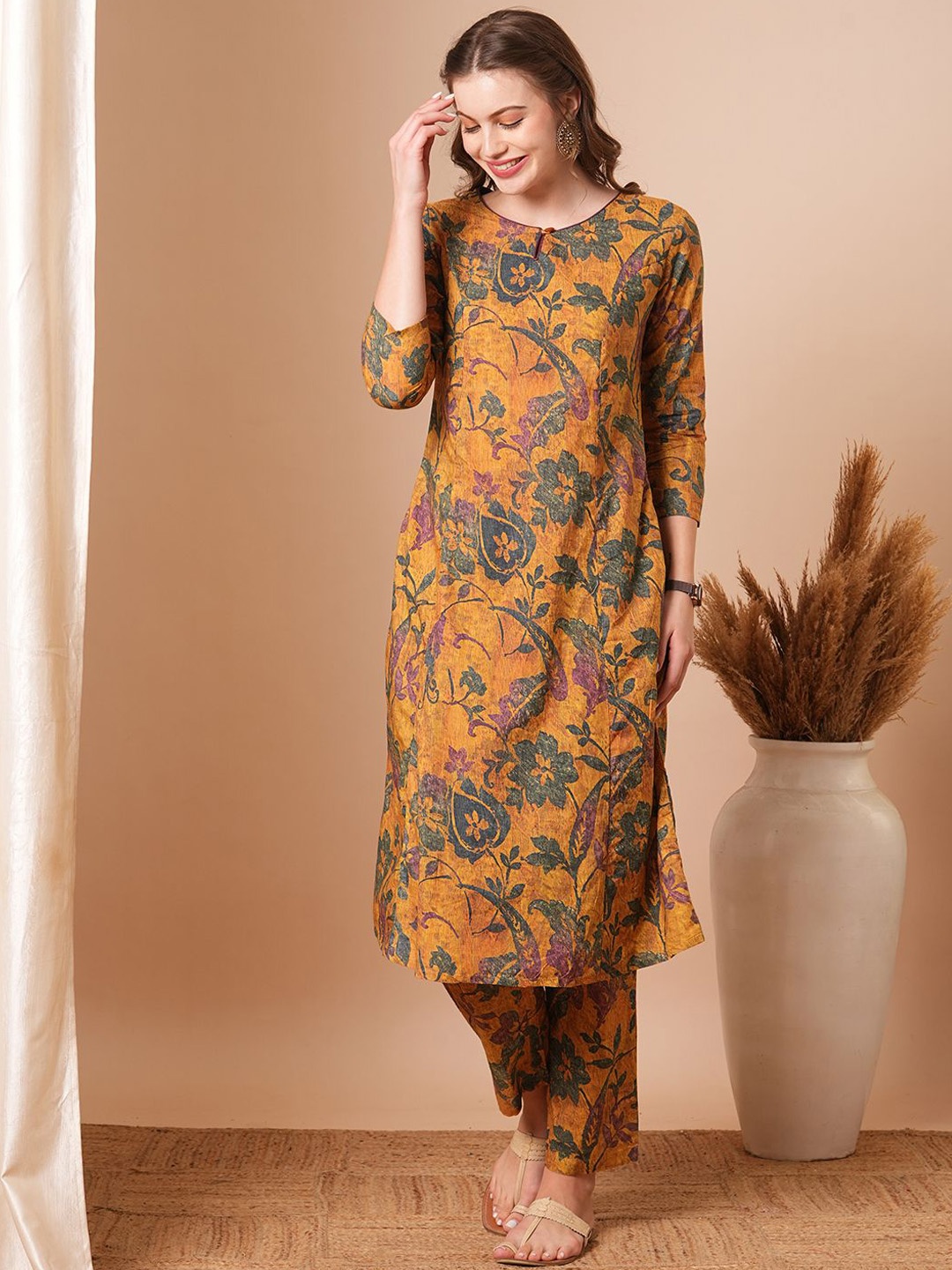 

FASHOR Mustard Yellow Printed Three-Quarter Sleeves Pure Cotton Tunic with Trouser