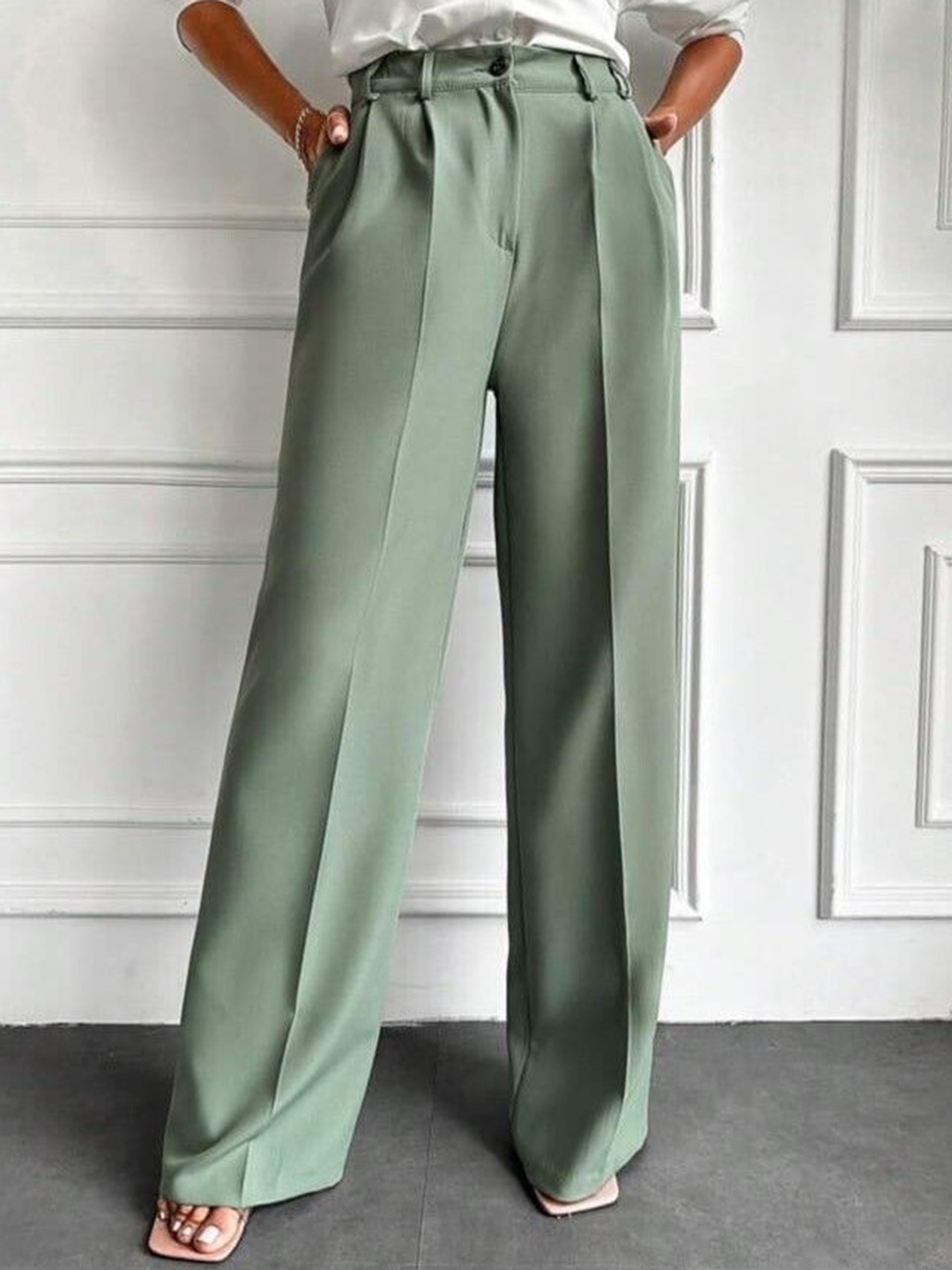 

Next One Women Smart Loose Fit High-Rise Pleated Regular Trousers, Green