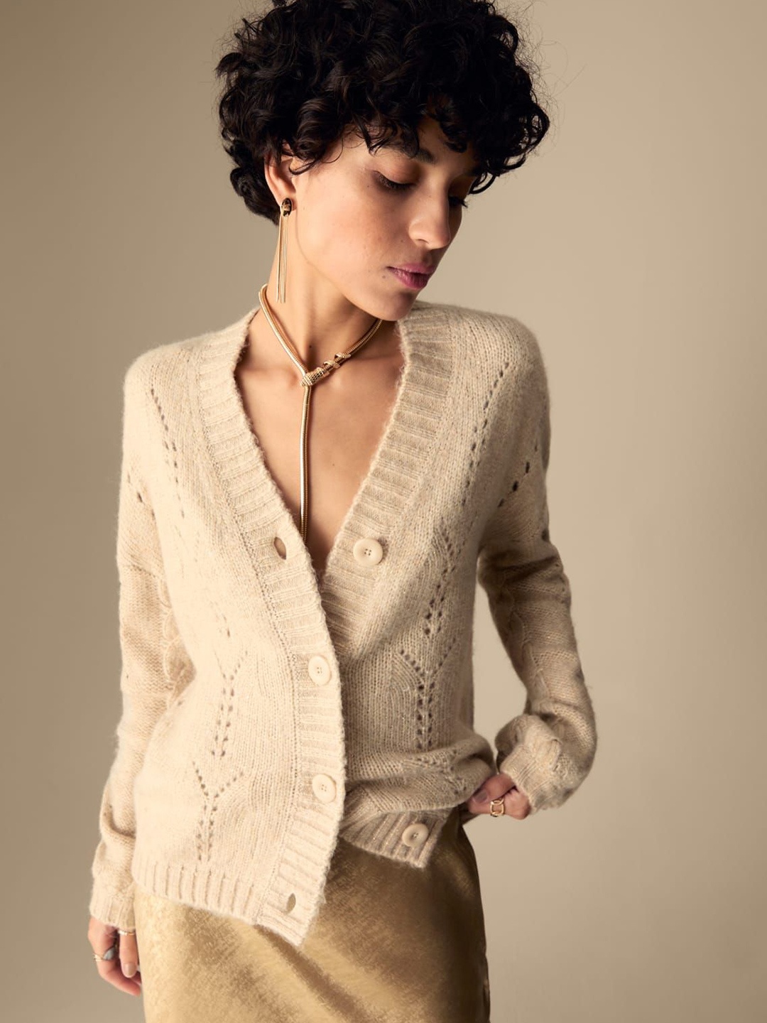 

Marks & Spencer Women Self Design Cardigan, Gold