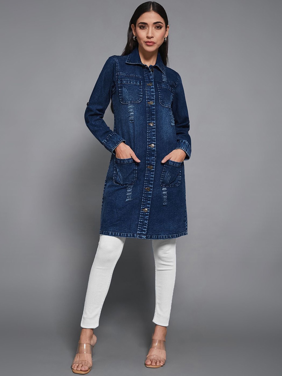 

Miss Chase Women Washed Longline Denim Jacket, Navy blue