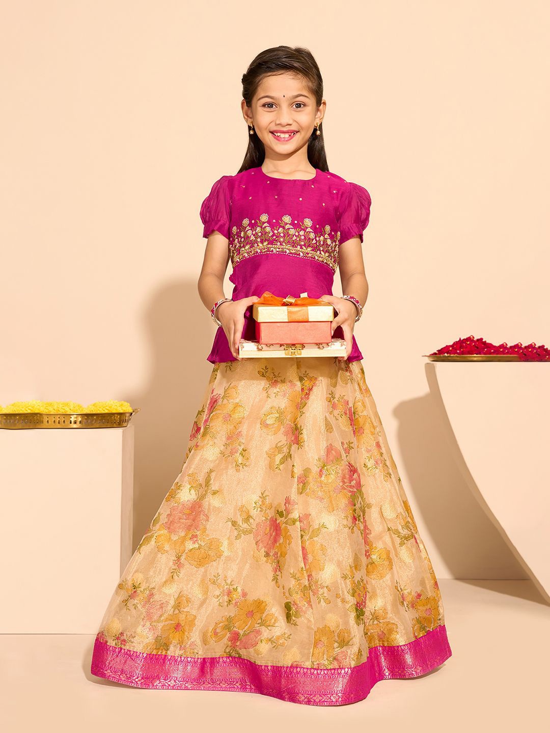 

Maybell Girls Embroidered Ready to Wear Lehenga &, Pink