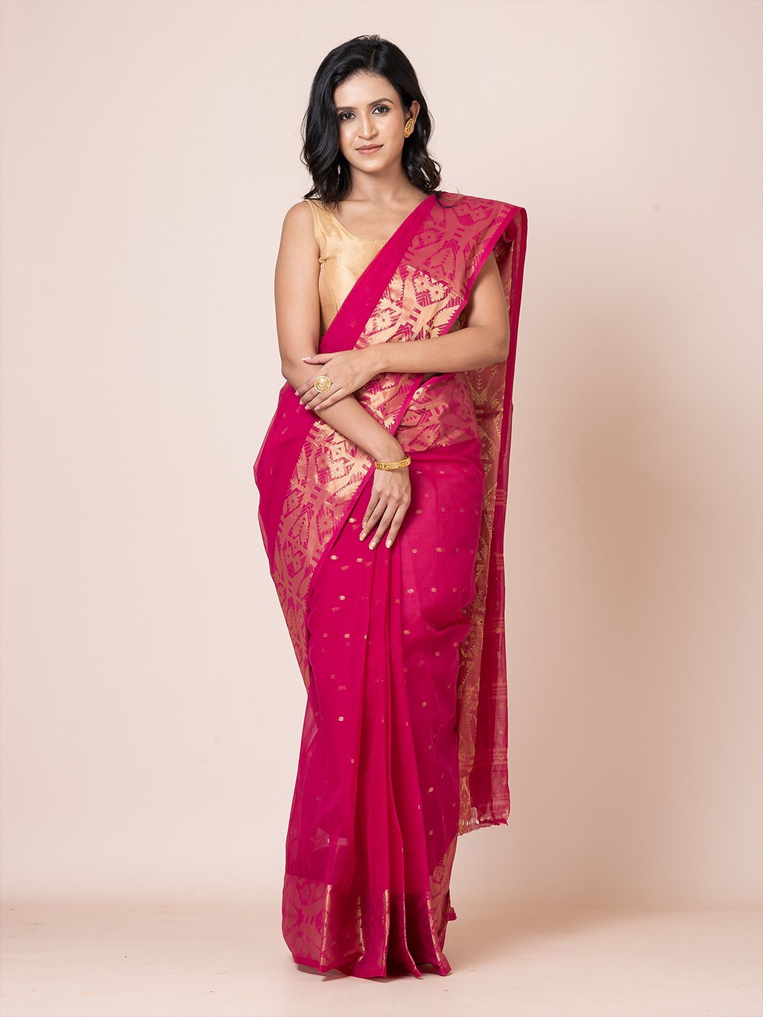 

PUKU Ethnic Motifs Woven Design Zari Pure Cotton Taant Saree, Pink