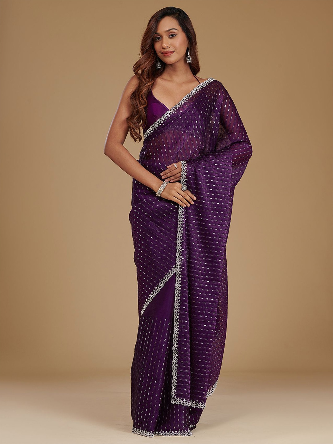 

Koskii Striped Beads and Stones Poly Georgette Designer Saree, Purple