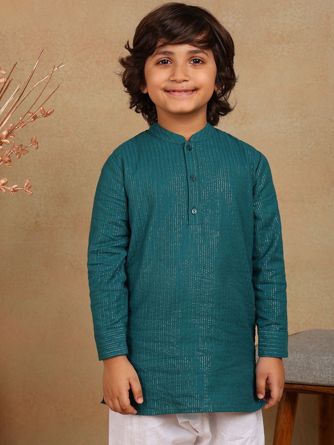 

The Tribe Kids Boys Geometric Checked Thread Work Kurta, Green