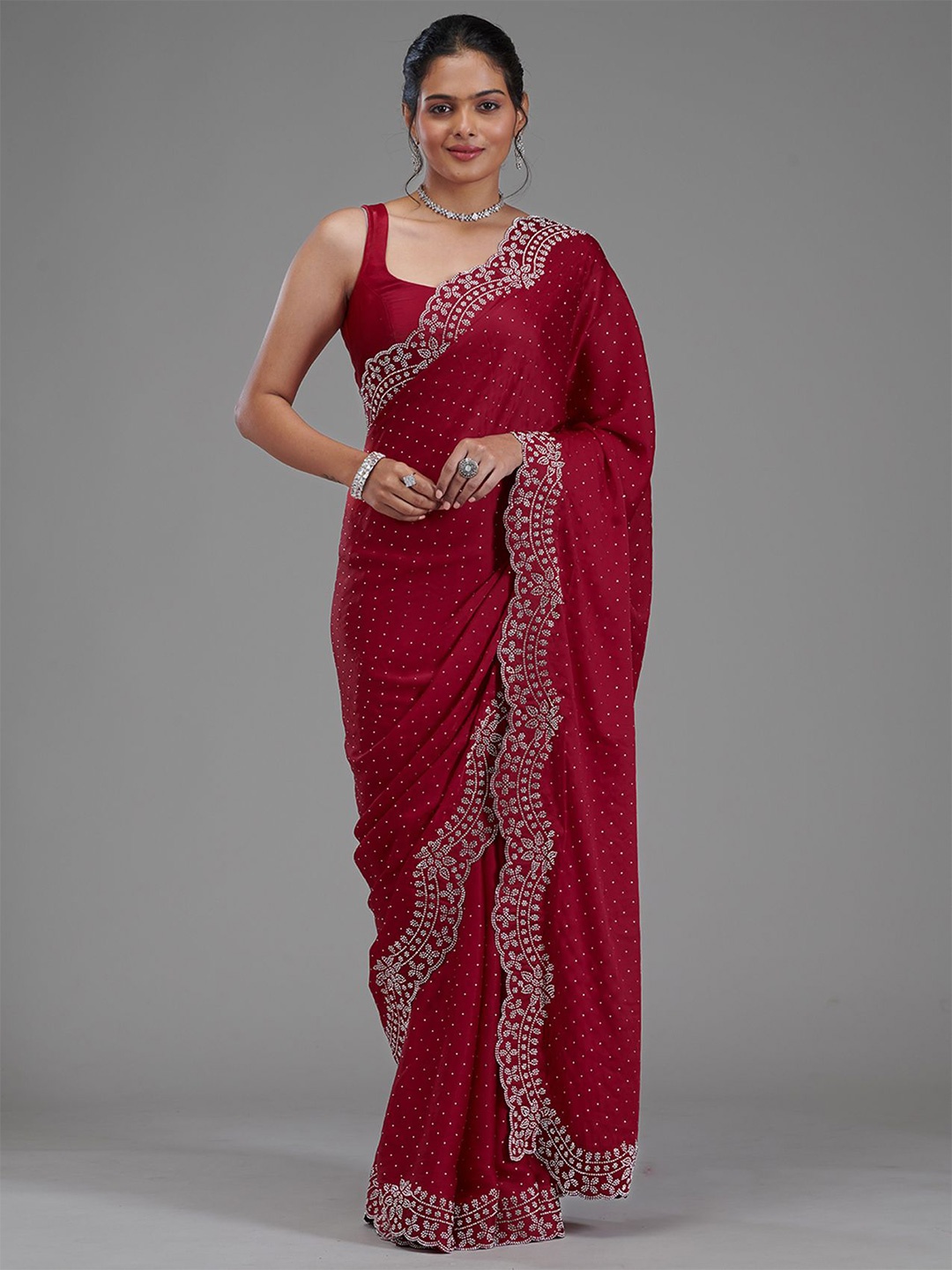 

Koskii Embellished Beads and Stones Satin Heavy Work Saree, Red
