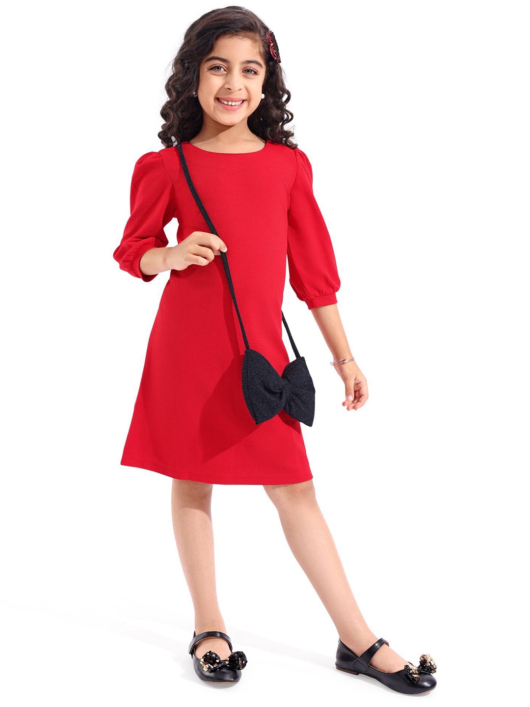 

Hola Bonita Girls Puff Sleeve A-Line Dress With Bow Sling Bag, Red