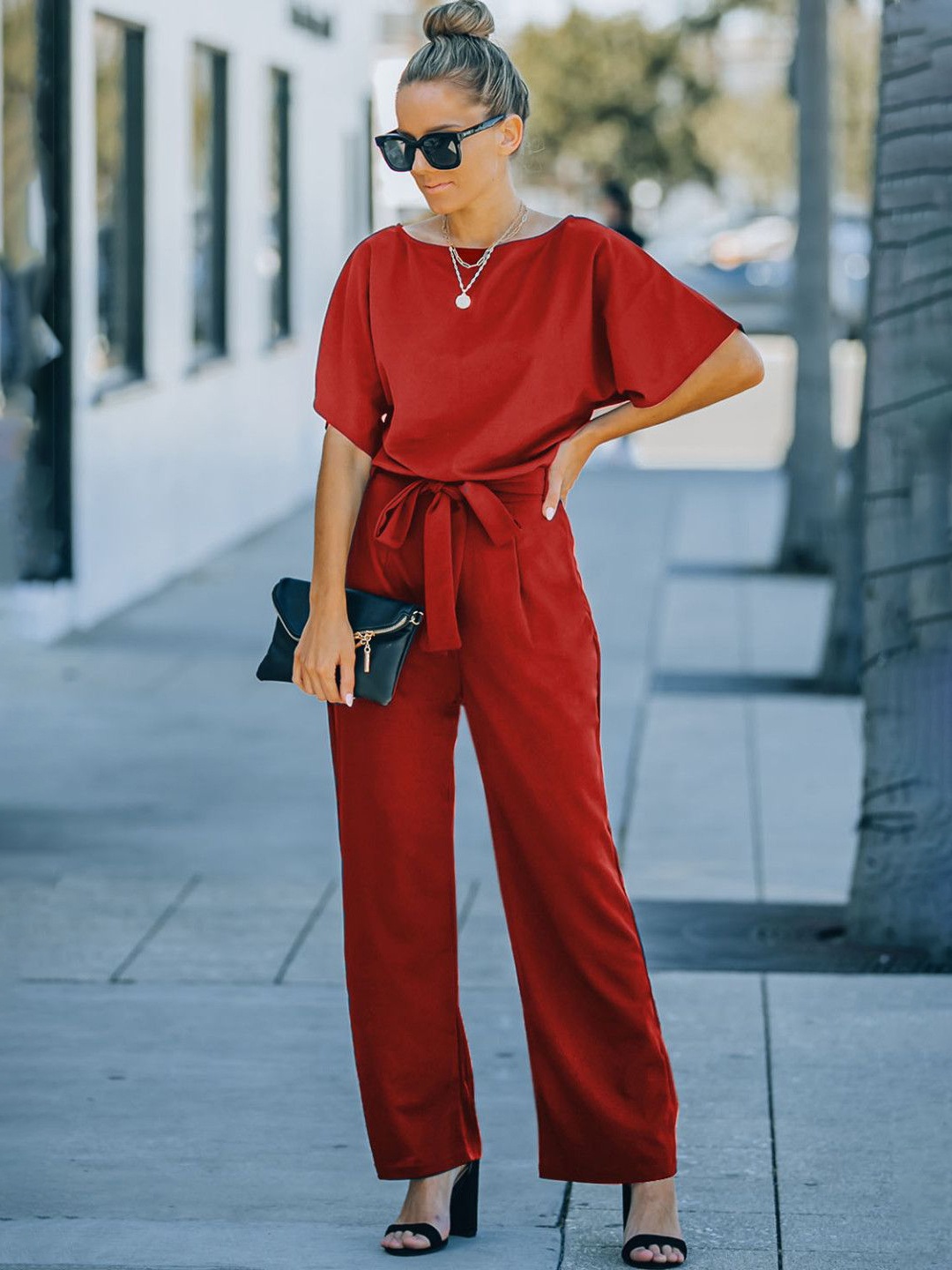 

StyleCast Women Round Neck Waist Tie-Ups Basic Jumpsuit, Red