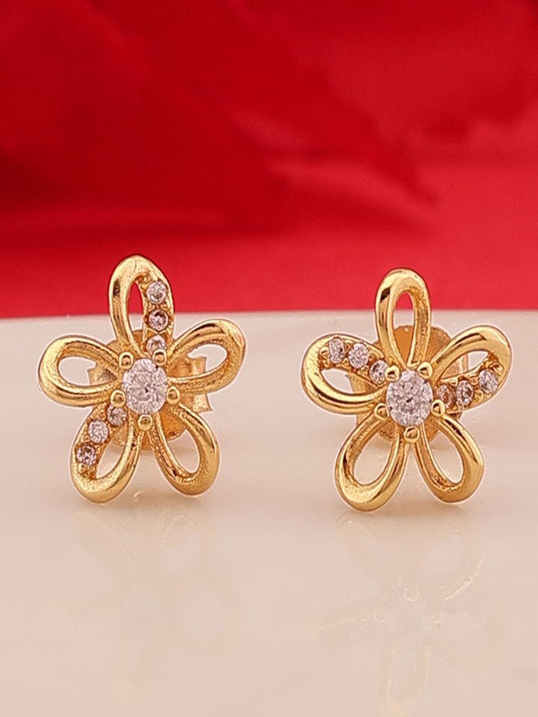 

DIAVO Gold Plated 925 Sterling Silver CZ Studded Floral Studs Earrings