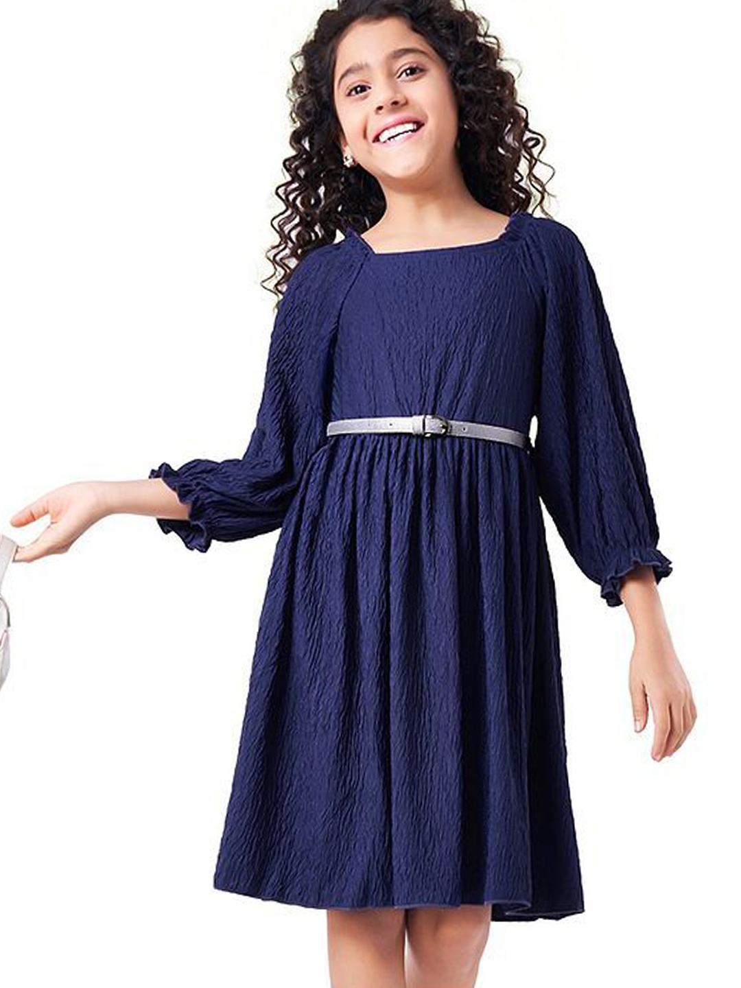 

Hola Bonita Girls Gathered Textured Fit & Flare Dress Comes with a belt, Navy blue