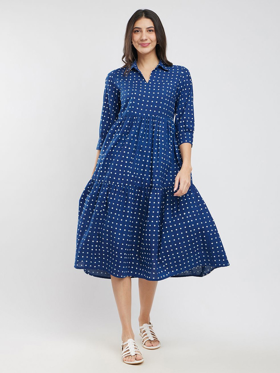 

Pink Fort Polka Dot Print Fit & Flare Midi Dress, Blue