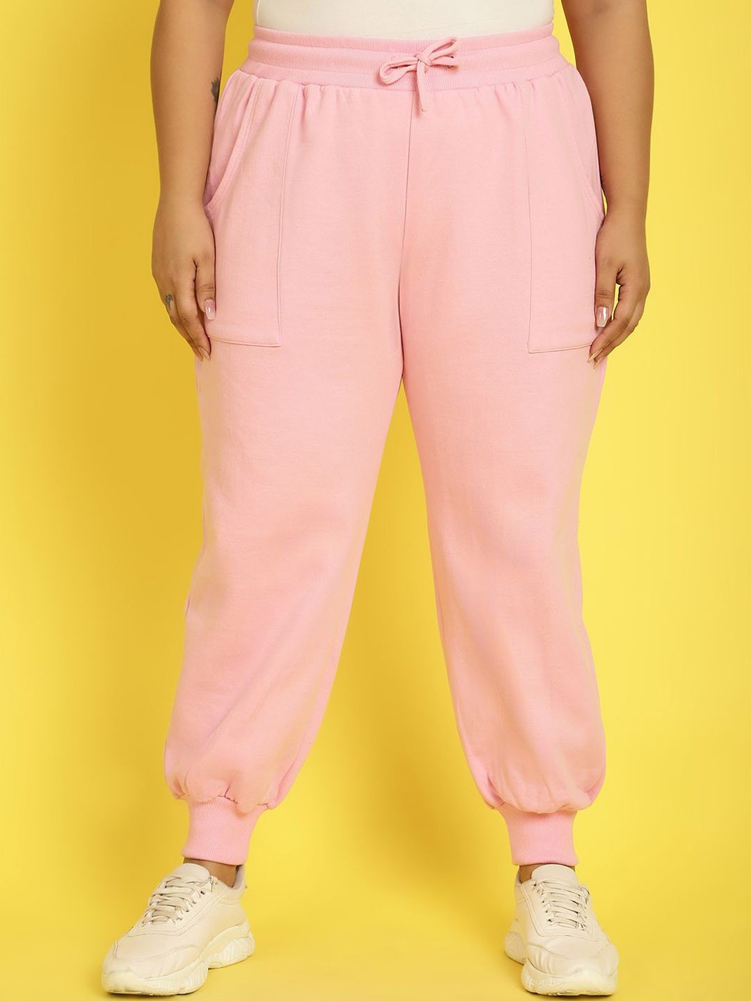 

theRebelinme Women Plus Size Relaxed Tapered Fit High-Rise Easy Wash Trousers, Pink