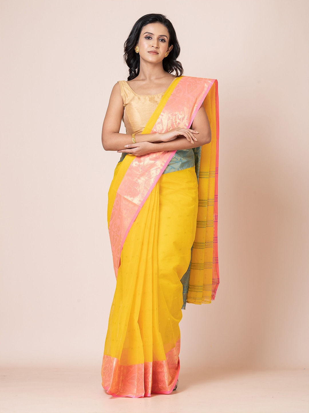 

PUKU Woven Design Zari Pure Cotton Saree, Yellow