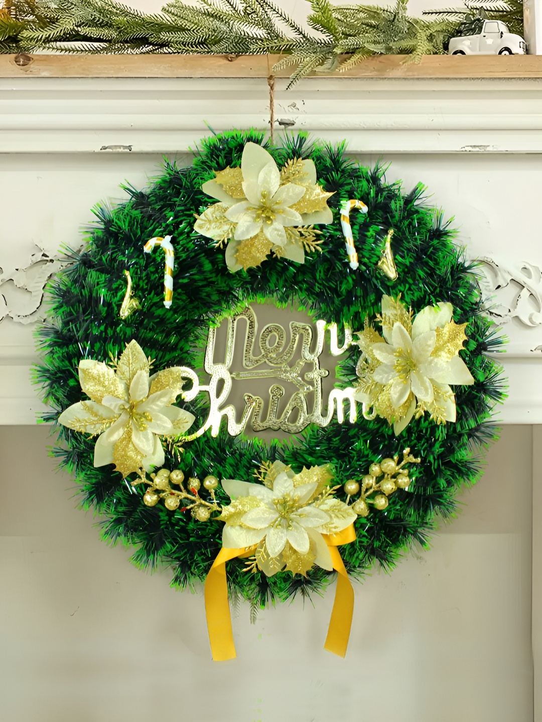 

TIED RIBBONS Green & Yellow Artificial Christmas Big Wreath