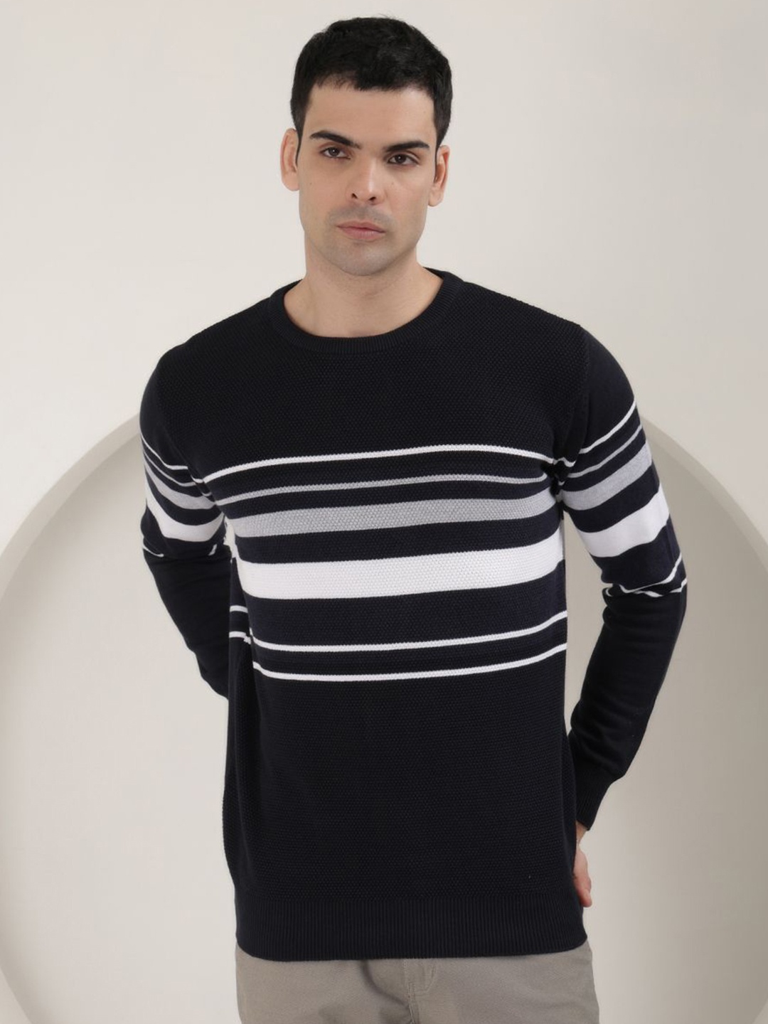 

COBB Men Striped Round Neck Pullover, Navy blue
