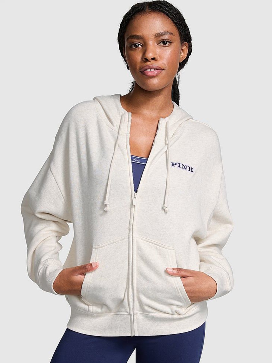 

Victoria's Secret Women Cotton Hooded Front-Open Sweatshirt, Beige