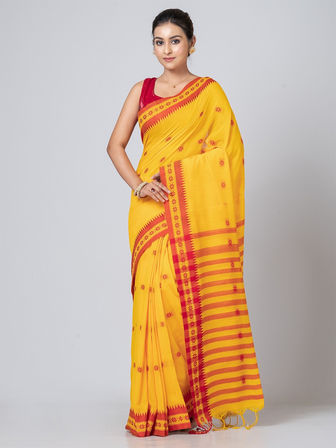 

PUKU Ethnic Motifs Woven Design Pure Cotton Saree, Yellow