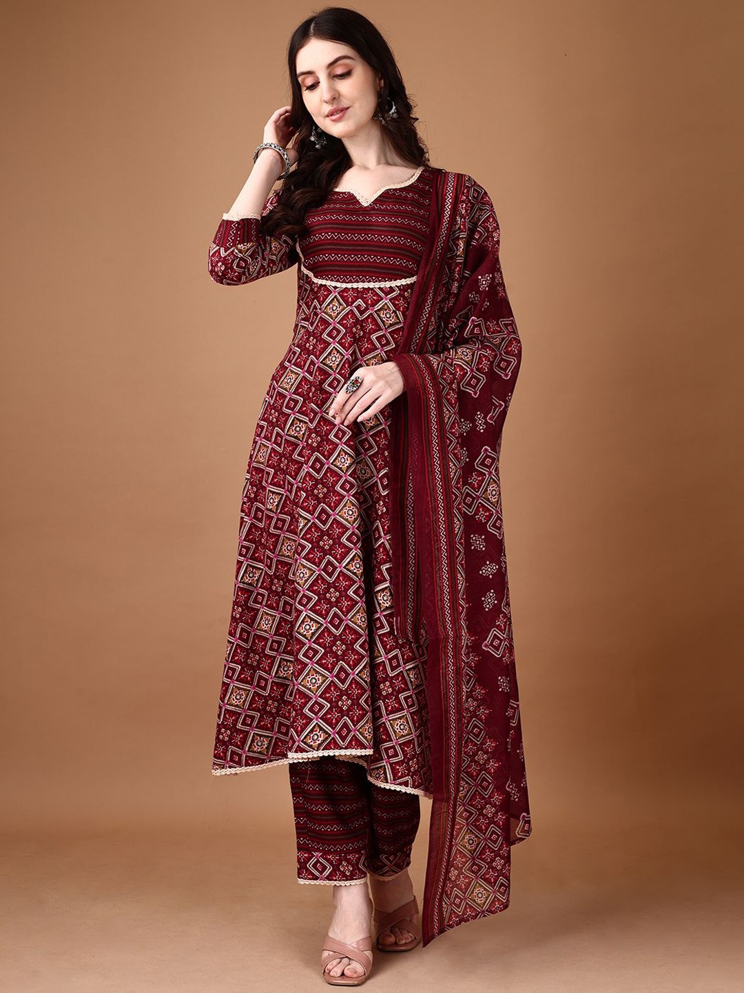 

KALINI Women Ethnic Motifs Printed Regular Kurta with Trousers & With Dupatta, Maroon