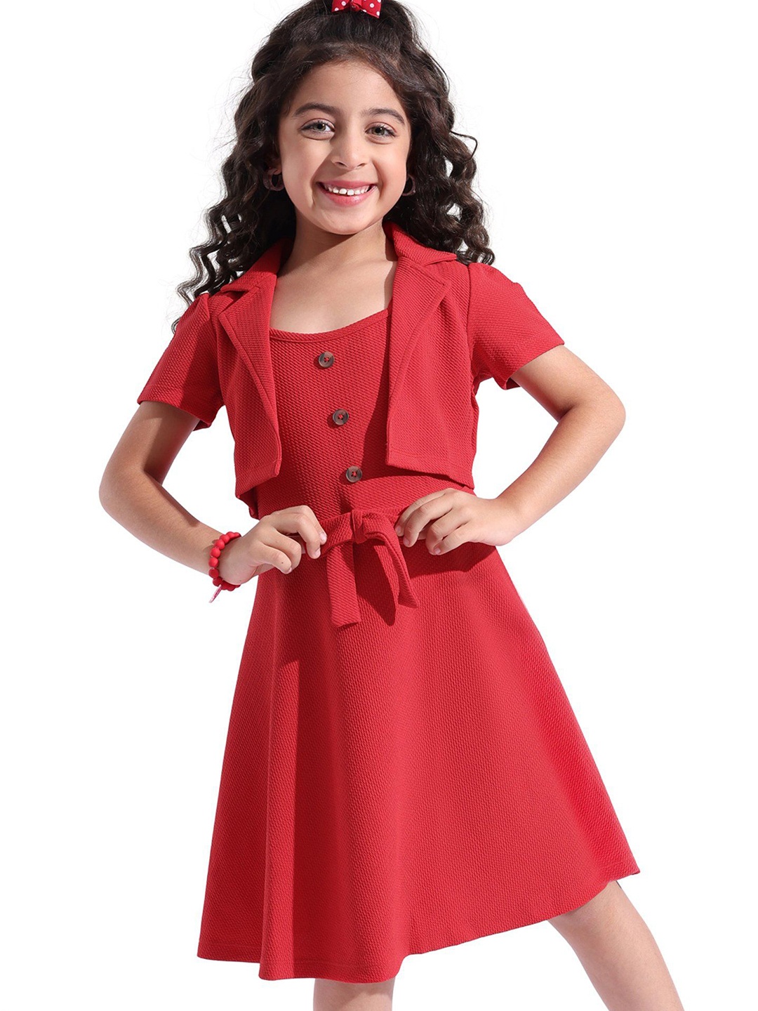 

Hola Bonita Girls Fit & Flare Dress With Short Sleeves Collar Neck Jacket, Red