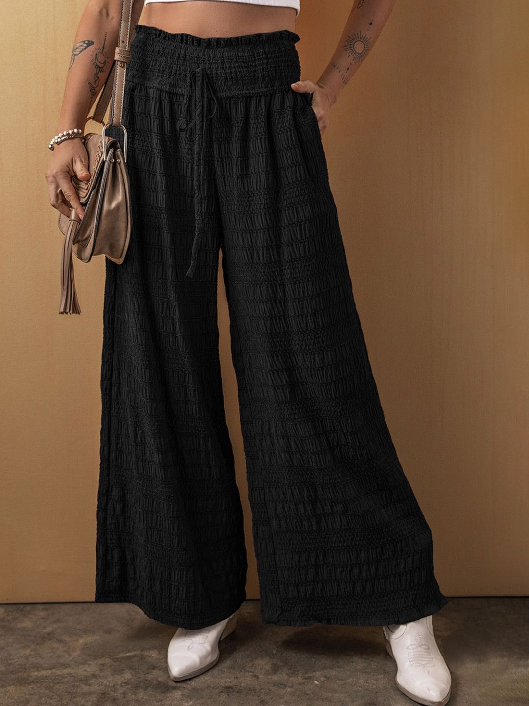 

StyleCast Women Self Design Wide Leg Loose Fit Trousers, Black