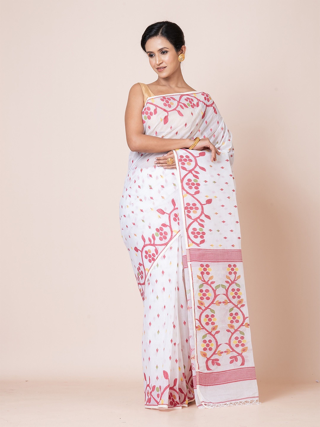 

PUKU Woven Design Pure Cotton Saree, White
