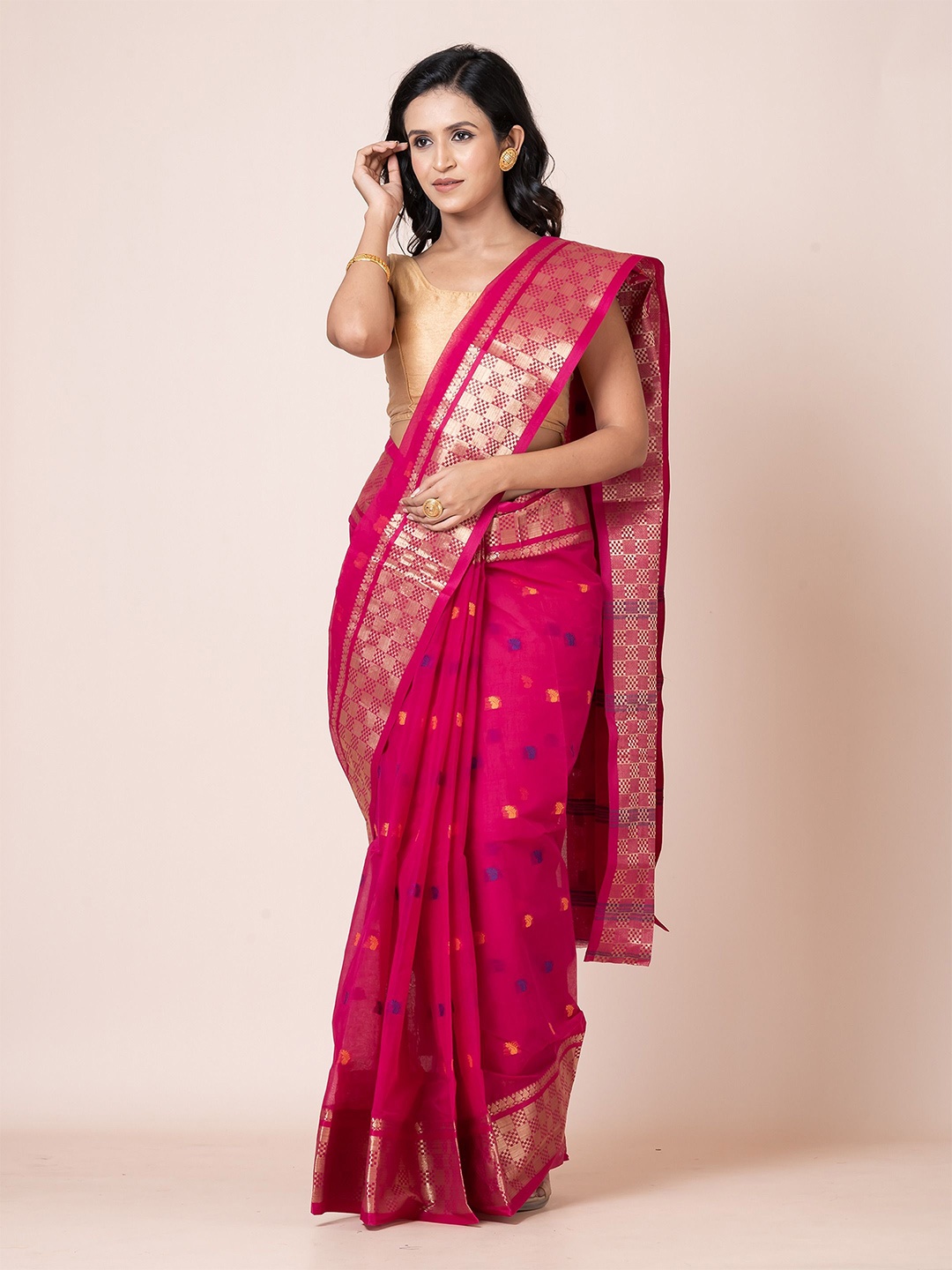 

PUKU Woven Design Zari Pure Cotton Taant Saree, Pink