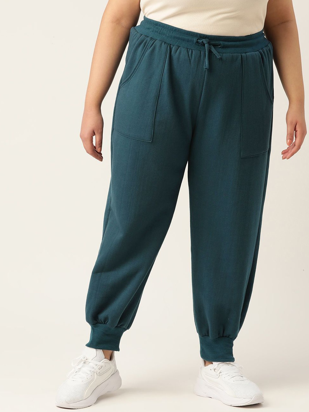 

theRebelinme Women Plus Size Relaxed Tapered Fit High-Rise Trousers, Teal