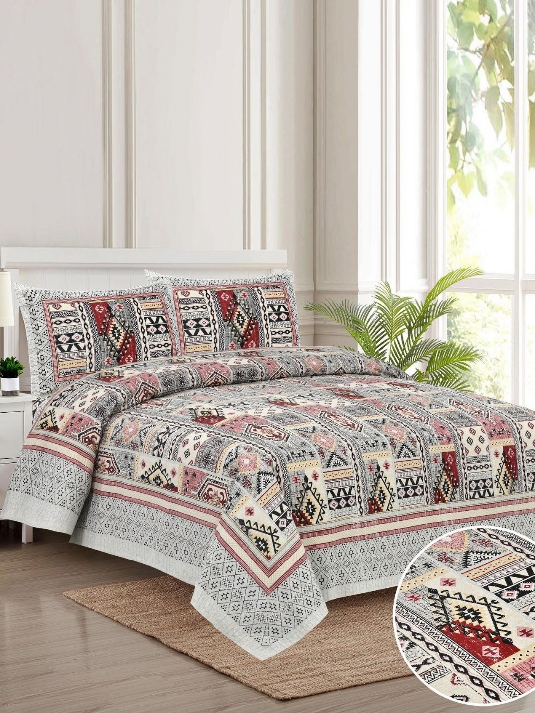 

HOMELINE Grey & White 180 TC King Bedsheet with 2 Pillow Covers