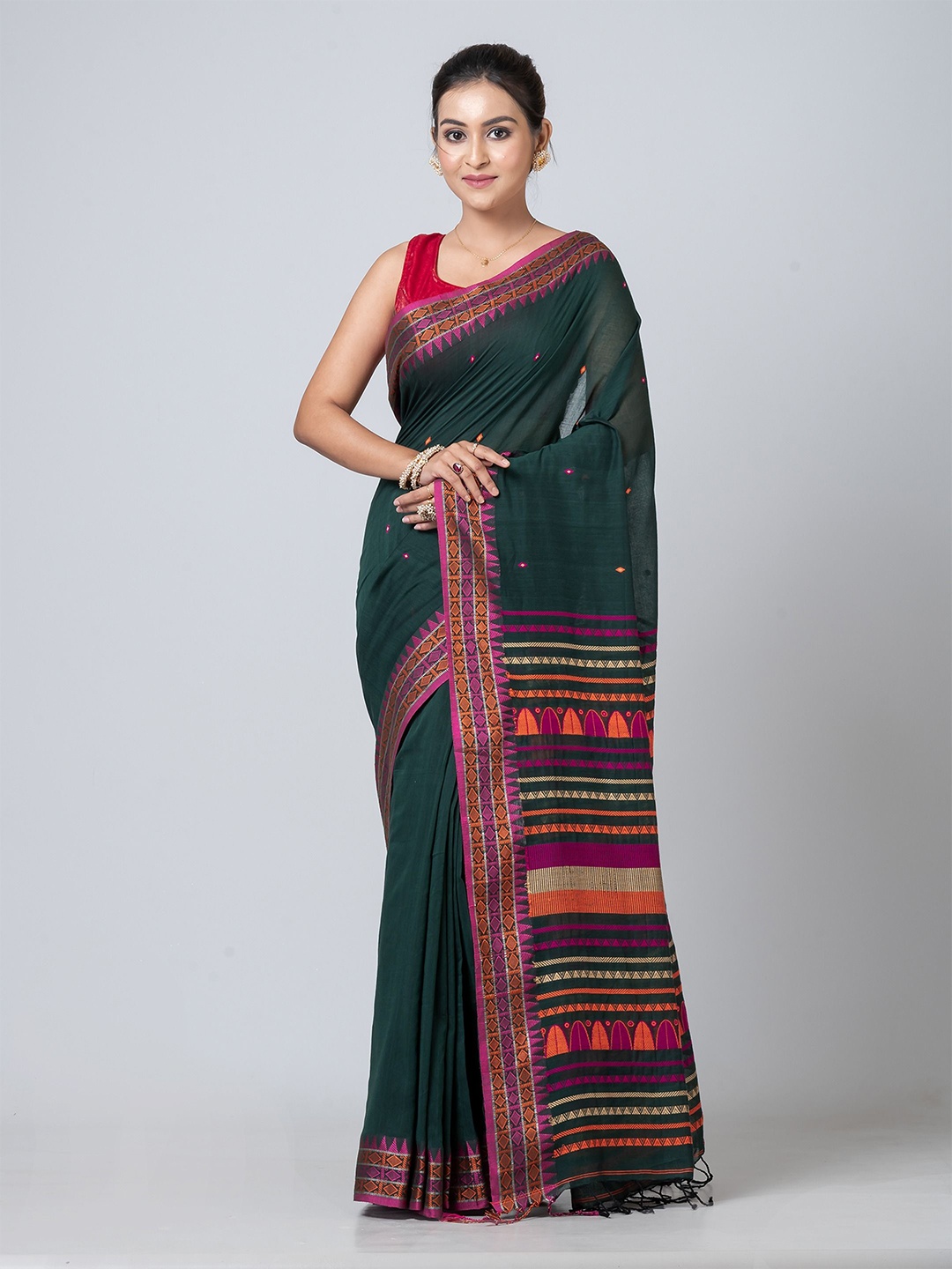 

PUKU Ethnic Motifs Pure Cotton Heavy Work Saree, Green