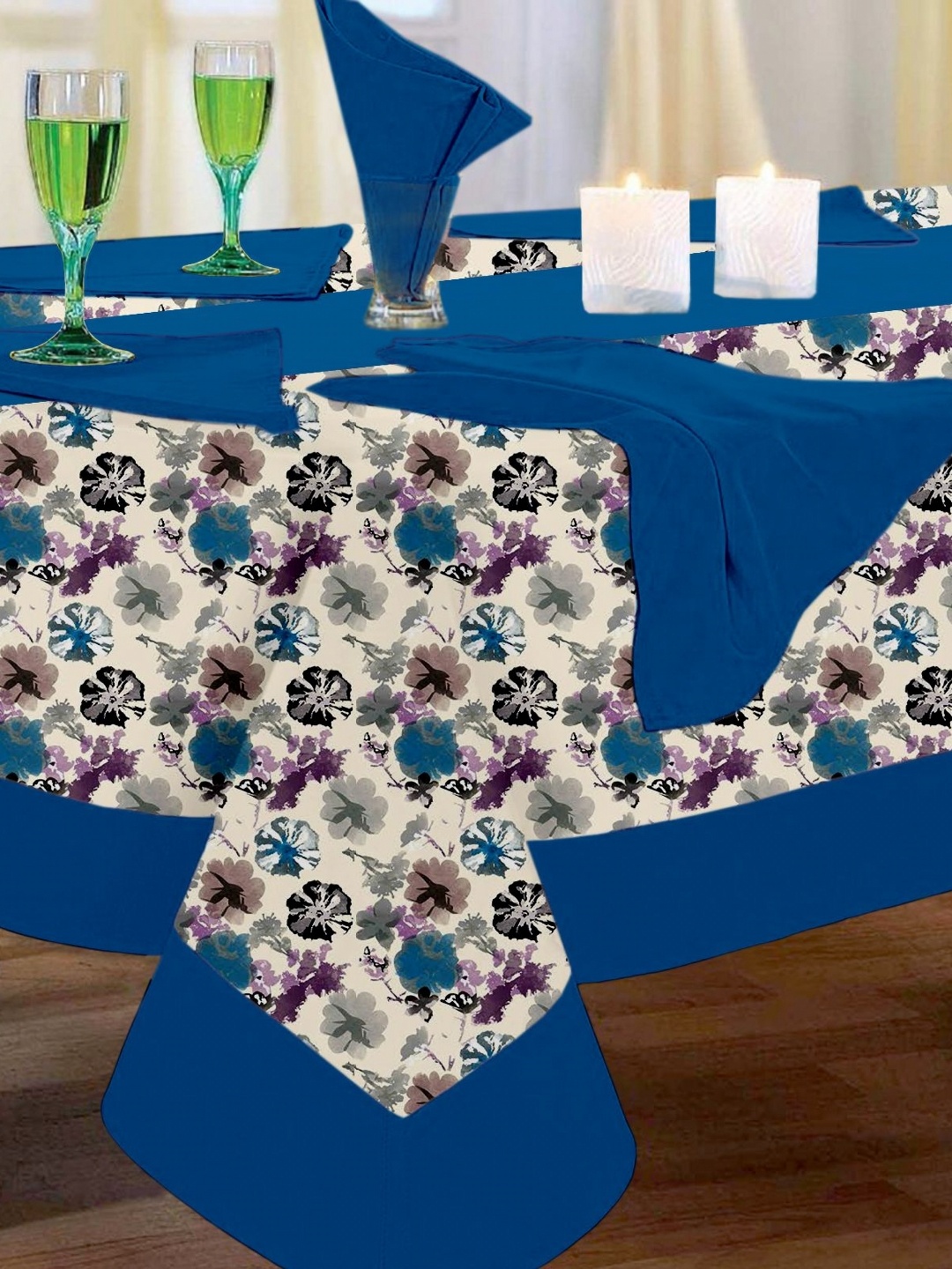 

Lushomes Blue & White 8 Pieces Floral Printed Pure Cotton Table Linen Set