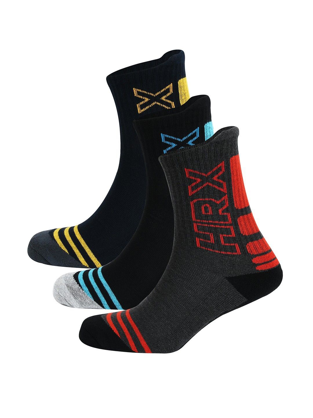 

HRX by Hrithik Roshan Men Cotton Pack Of 3 Patterned Padded Underfoot Mid Calf Socks, Black