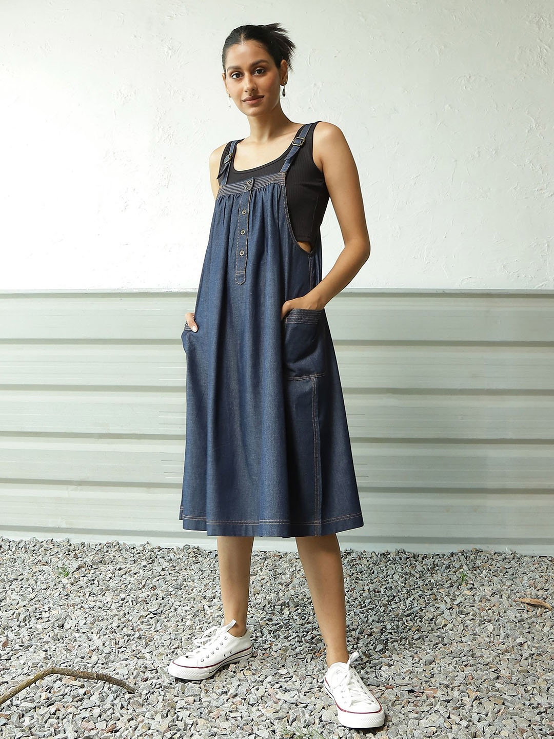 

Canoopi Women Denim Square Neck Pinafore Dress, Blue