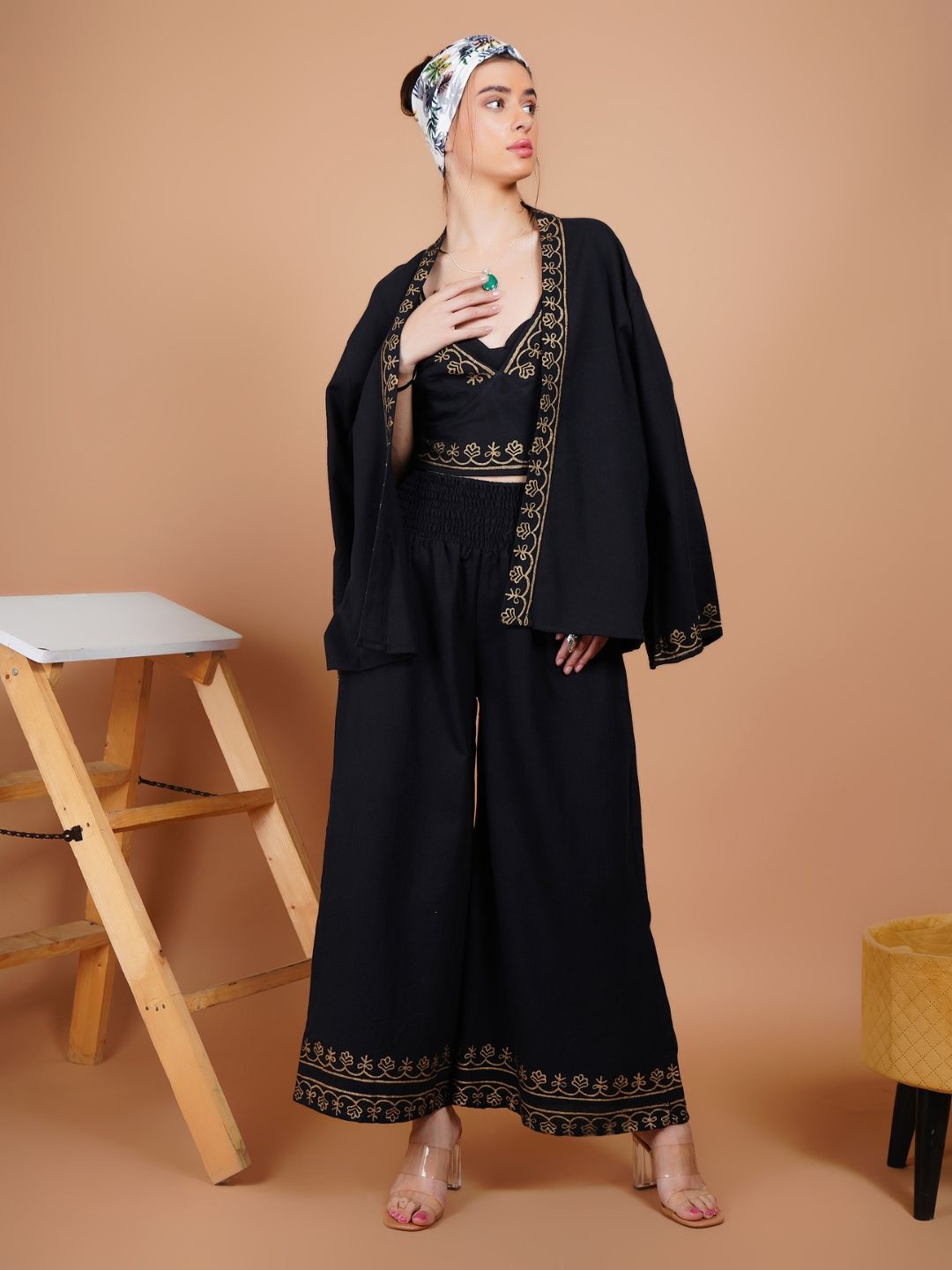 

Boholyfe Embroidered Khadi Cotton Top With Palazzo With Shrug, Black