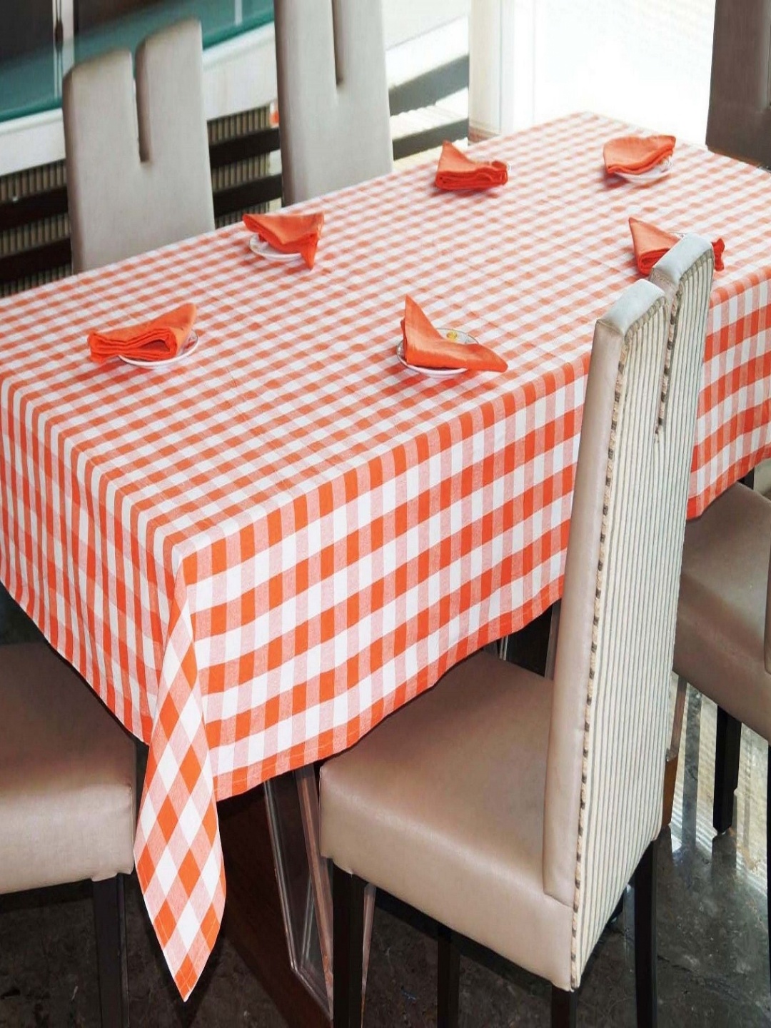 

Lushomes 7-Pcs 6 Seater Printed Pure Cotton Table Cover & Napkins, Orange