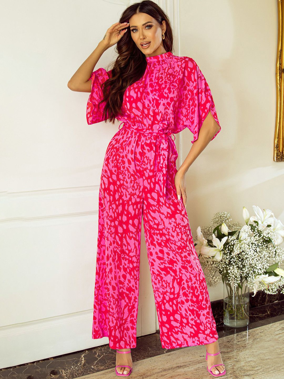 

StyleCast Printed Basic Round Neck Jumpsuit, Pink